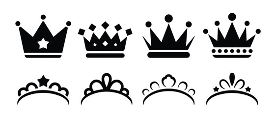 Crown and Tiara Icons: A collection of regal crown and delicate tiara icons in silhouette, representing royalty, power, and elegance. © Jibit