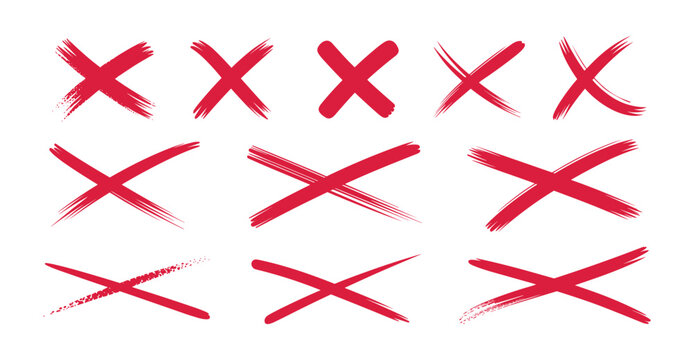 Set of Red Cross Marks: A collection of red cross marks, varying in size and brush stroke, symbolizing incorrectness or a negative choice.
