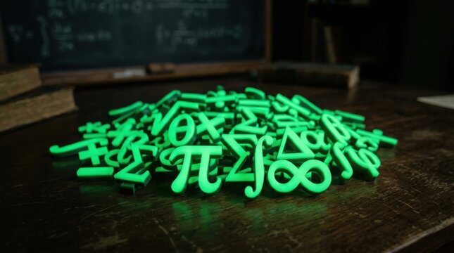 Glowing green mathematical symbols on a desk. Scientific formulas and abstract math icons.