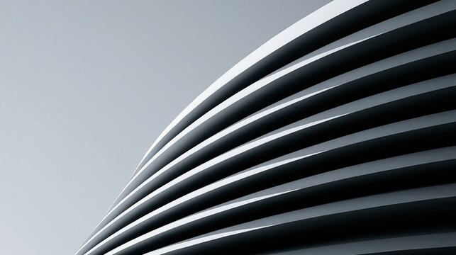 Minimalist abstract monochrome architectural detail showing curved parallel horizontal louver slats against plain light gray sky background