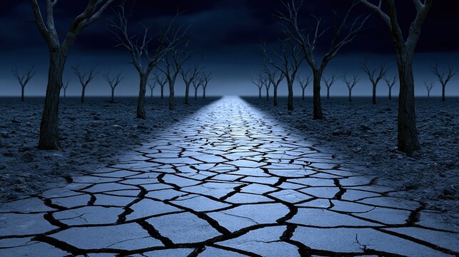 Dark night landscape with long straight path on cracked dry drought land with rows of bare dead trees along both sides shows climate change and environmental disaster