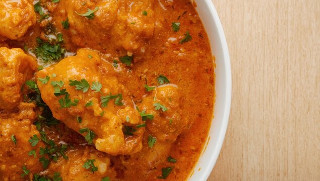 Closeup of chicken tikka masala garnished with parsley on a light wooden surface.