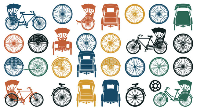 Colorful rickshaw and bicycle wheel collection icons for travel design