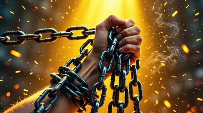 Strong hand grips heavy chains, breaking free. Sparks fly, light shines. Symbolizes power, freedom, and overcoming struggle. Intense action shows resilience and willpower overcoming bondage.