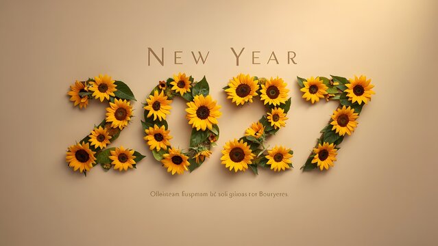New Year 2027 greeting card design with sunflower floral number typography on a beige background.