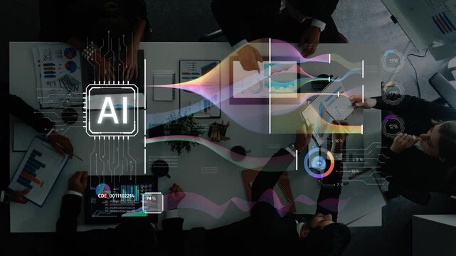 A top view of a business meeting showcasing artificial intelligence technology with vibrant data visualizations and professionals engaged in collaborative discussions. Raster