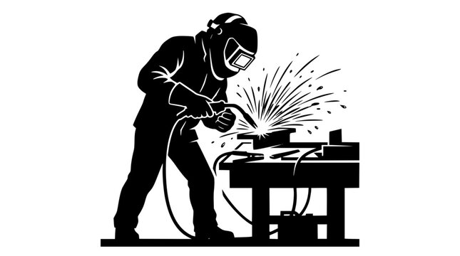 Professional welder silhouette working with torch and sparks on metal workbench