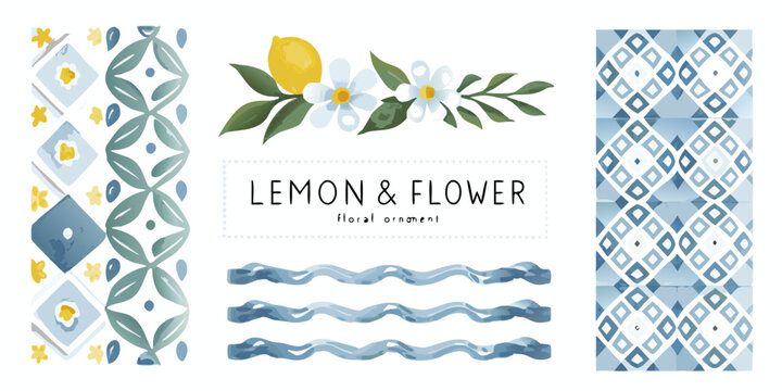 lemon and flower floral ornament in watercolor style with blue patterns pattern wreath blossom yellow green leaf botanical decorative design