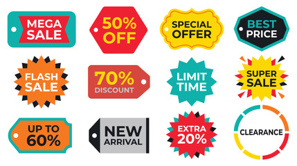 Fototapeta premium Colorful set of promotional sale tags and stickers for retail marketing campaign design.