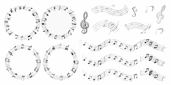 musical notes on staffs in black and white line art style with transparent background music notation clef treble bass graphic