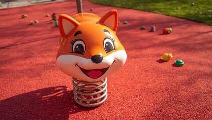 Fototapeta premium Detail of orange fox spring toy on red play area.