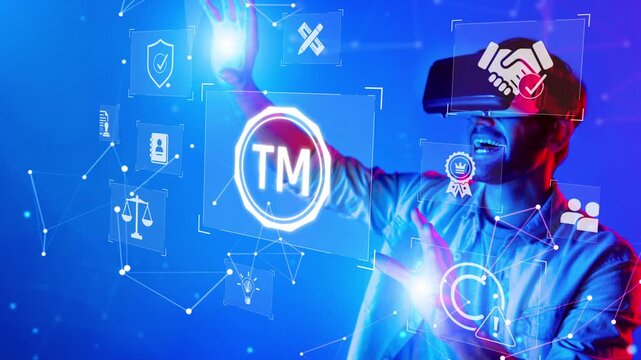 Explore a captivating virtual reality scene where a user engages with dynamic digital icons, showcasing the intersection of technology, innovation, and user interaction. Raster