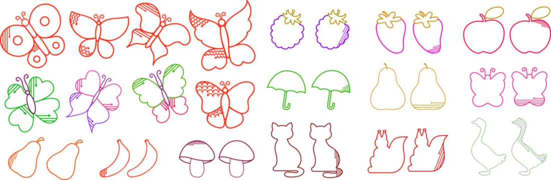 Colorful hand drawn preschool tracing template set featuring simple crayon outlines of butterflies, fruits, animals, and nature symbols