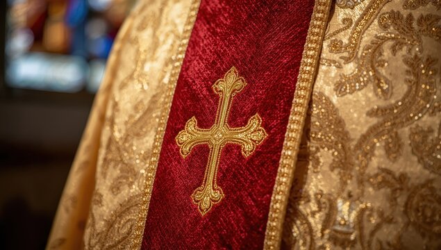 Detailed view of priest's garments in a Catholic service.