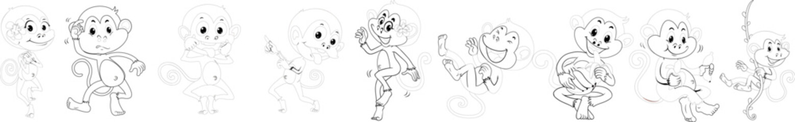 Cute cartoon monkey coloring page collection featuring black linear outline drawings of cheerful apes in different active poses © Vivid Pixel Studio.
