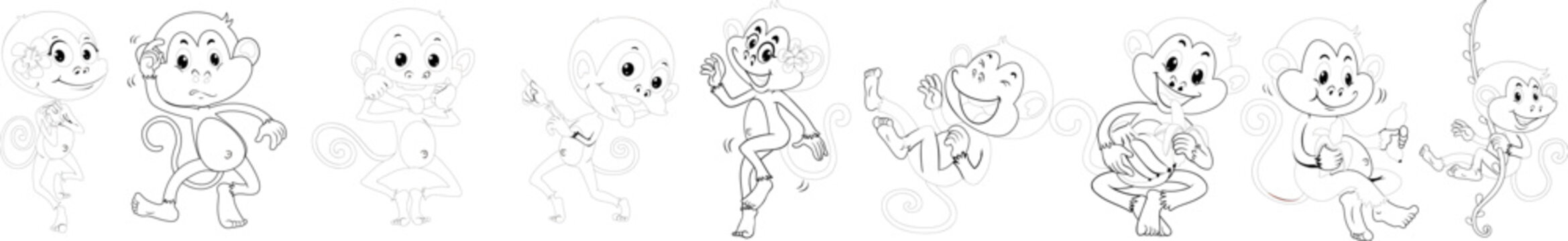 Cute cartoon monkey coloring page collection featuring black linear outline drawings of cheerful apes in different active poses