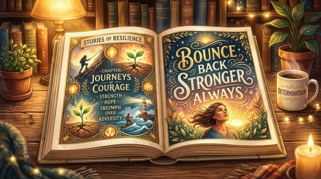 Open Book of Resilience, Courage, and Bounce Back Stronger Always, Inspiring Hope and Determination