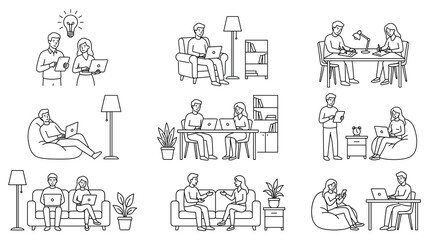 Obraz premium Set of line art office workers working in various situations and modern home environments.