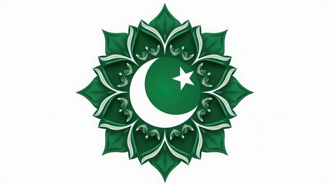 Pakistan national flag emblem with ornate circular floral border design