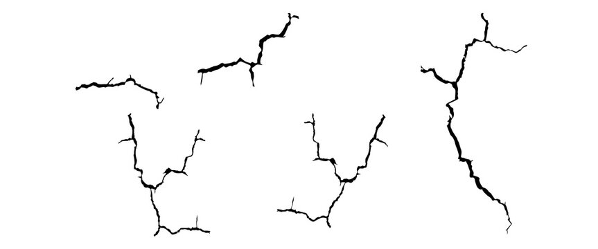 Surface cracks and fissures in ground, concrete, crevices from disaster top view. Breaks on land surface from earthquake isolated on white background. Broken ground, wall, glass pattern effect. Damage
