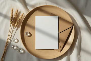 Obraz premium White empty invitation card on round wooden plate. Blank paper stationery mockup with brown envelope, wheat stems on soft fabric background. Natural light shadow aesthetic scene for wedding greeting