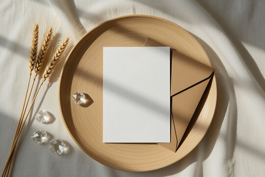White empty invitation card on round wooden plate. Blank paper stationery mockup with brown envelope, wheat stems on soft fabric background. Natural light shadow aesthetic scene for wedding greeting
