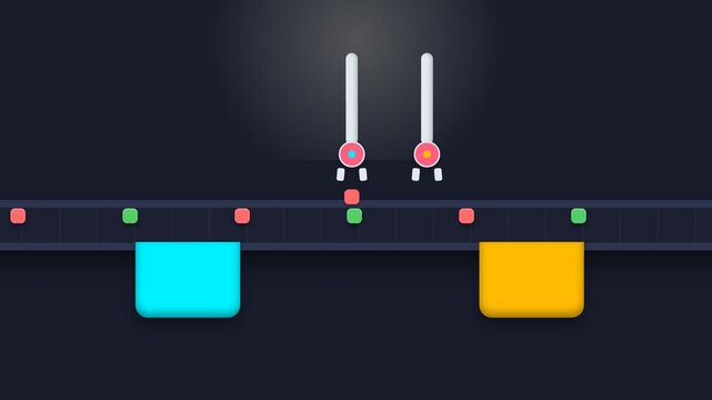 Digital Conveyor Belt Sorting Game Animation Featuring Colorful Geometric Shapes.
