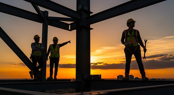 Silhouettes of people walking on a bridge at sunset.