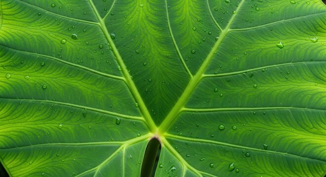 Close up of a large green tropical leaf with water droplets.