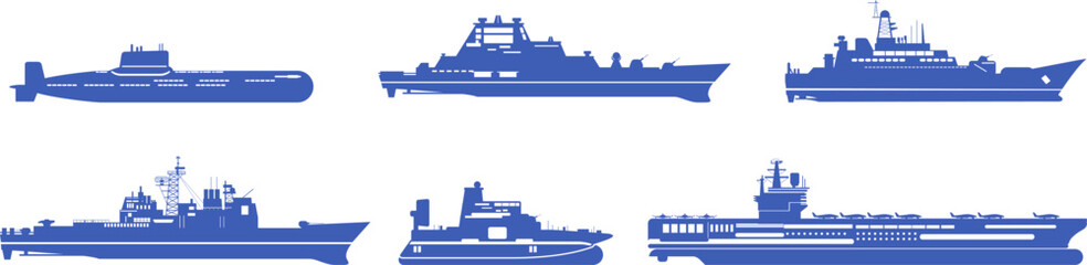 Military warship vector silhouettes featuring an aircraft carrier, submarine, destroyer, cruiser, and naval battle vessels for defense graphic design © Vivid Pixel Studio.