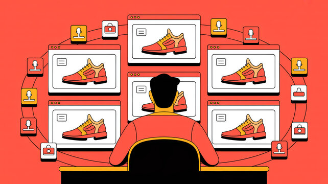 Vector illustration of retargeting ads surrounding user in Q4, browser windows, 16:9
