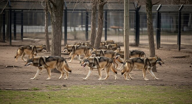 Wild dogs running together in natural habitat.