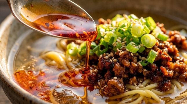 Cinematic, extreme macro close-up of chili oil being drizzled over chilled ramen