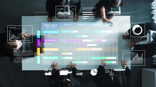 Collaborative Team Meeting with Digital Project Management Tools and Data Analysis Charts for Effective Work Planning and Strategy Development Gluon.