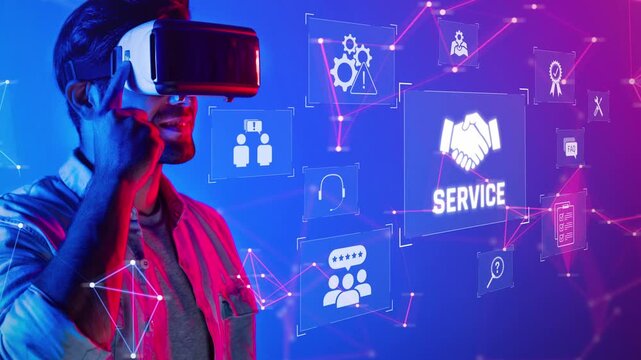 An individual explores virtual reality technology, surrounded by various digital icons representing modern service and interaction in a vibrant, colorful setting. Raster