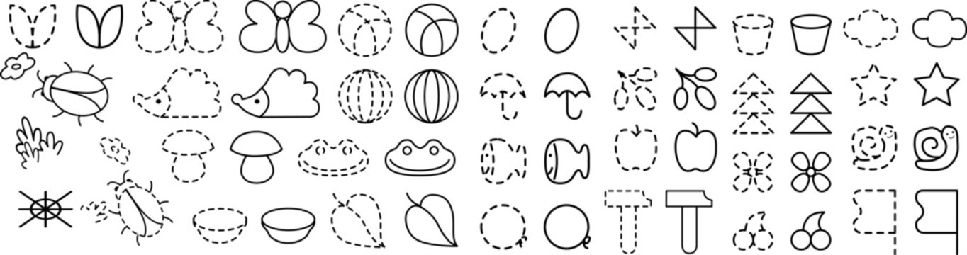 Black and white vector tracing worksheet template featuring pairs of dashed lines and solid outlines for preschool kids education