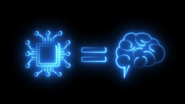 Glowing Neon Cyan AI Brain and Processor Chip Layout: Futuristic Deep Learning Technology Equation, Quantum Computing Mind Symbol, and Cyberpunk Data Concept for Motion Overlay graphic.