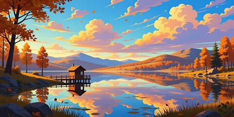 Fototapeta premium Autumn landscape digital painting shows calm lake with wooden house on pier. Hills covered with orange trees reflect in water. Bright sky with clouds above mountains.