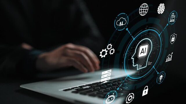 Modern Laptop with AI Technology Graphics and Visual Data Analytics Concept for Digital Innovation and Future Development in Technology. Entropy.