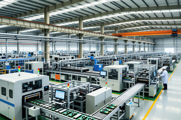 Fototapeta premium Automated assembly line in electronic component factory. Robotic machines build circuit boards. Worker monitors production process in large industrial plant. High tech manufacturing facility indoors.