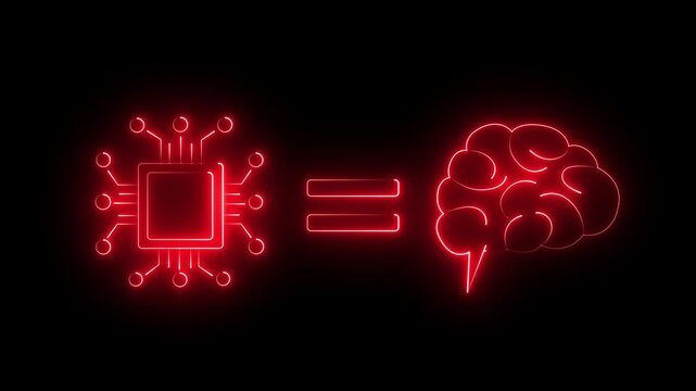 Glowing Neon Cyan AI Brain and Processor Chip Layout: Futuristic Deep Learning Technology Equation, Quantum Computing Mind Symbol, and Cyberpunk Data Concept for Motion Overlay graphic.