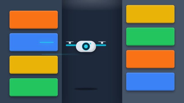 Abstract Digital Animation Featuring A Flying Drone Scanning Colorful Rectangular Panels.