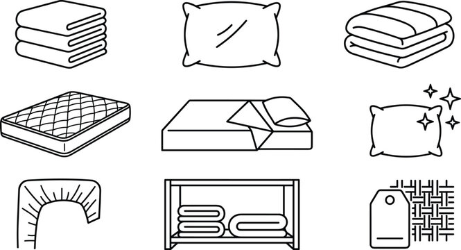 Bedding textile comfort mattress pillow blanket and bedroom linens line vector icon set isolated on white