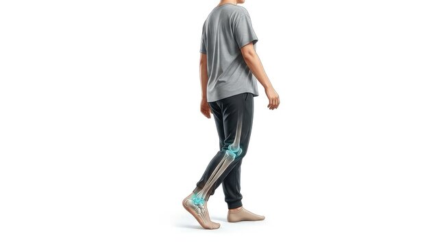 Man walking with highlighted knee and ankle bones, isolated on white