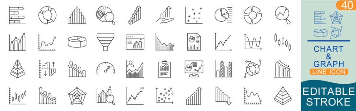 Chart & Graph Line Icon Set. Data Analytics, Business Dashboard, Statistics, Financial Charts, Editable Stroke Vector Icons