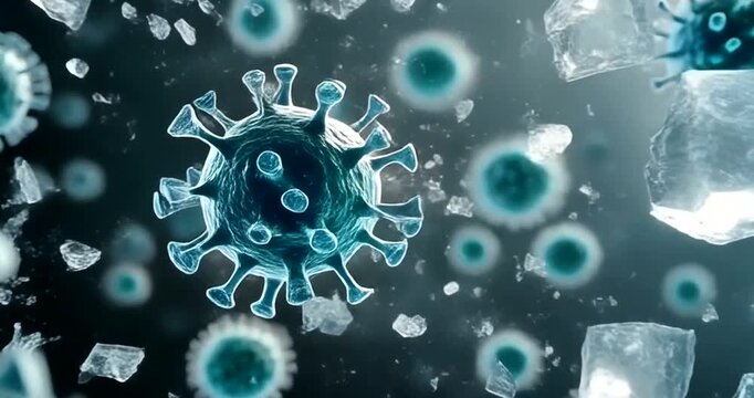Microscopic view of coronavirus particles interacting with ice crystals in a cold environment.