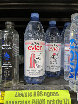 Evian Snoopy Limited Edition Water Bottles on Supermarket Shelf