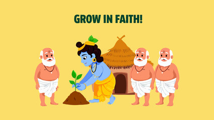 Fototapeta premium Lord krishna planting a tree with gurus, representing growth in faith