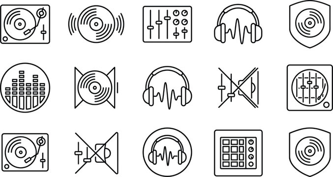 DJ turntable vinyl record audio mixer headphones and music festival line vector icon set on white background
