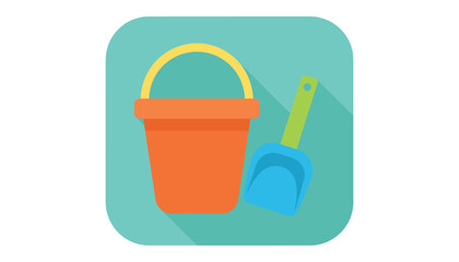Obraz premium Orange toy sand bucket and blue shovel icon represents beach play and summer fun on a turquoise rounded square background.